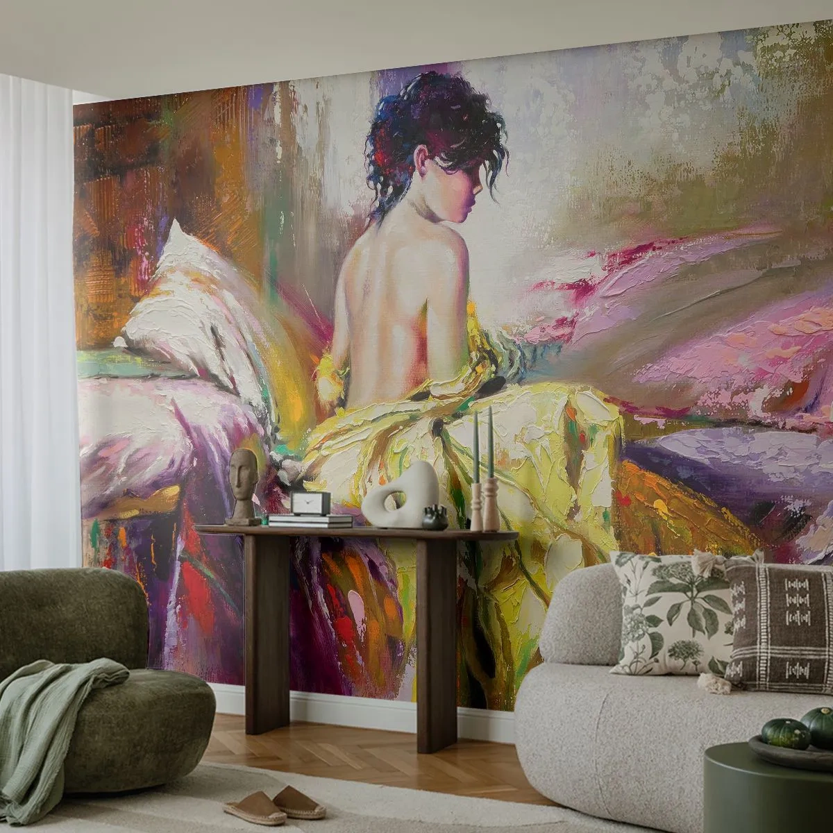 Papier Peint Photo Standard Eco - Une femme en robe jaune assise sur un lit dans un style impressionniste. - 100x70cm - Entre les lèvres et le bord de la tasse - Décoration murale moderne pour le salon et la chambre ARTTOR