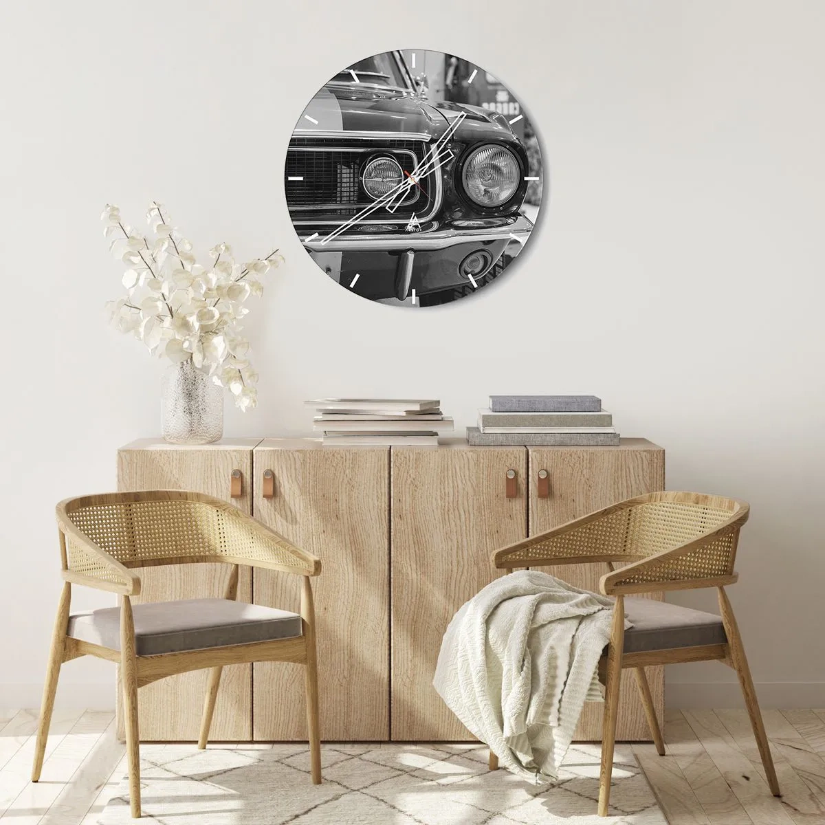 Horloge murale - Pendule murale - Graphique avant de voiture classique noir et blanc - 30x30cm - Conduire dur - Décoration murale moderne pour le salon, la cuisine et la chambre ARTTOR