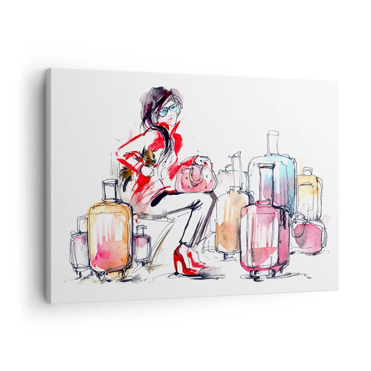 Impression sur toile - Image sur toile - Une femme avec des valises dans une illustration aquarelle dynamique - 70x50cm - Asseyons-nous avant le voyage - Décoration murale moderne pour le salon et la chambre ARTTOR