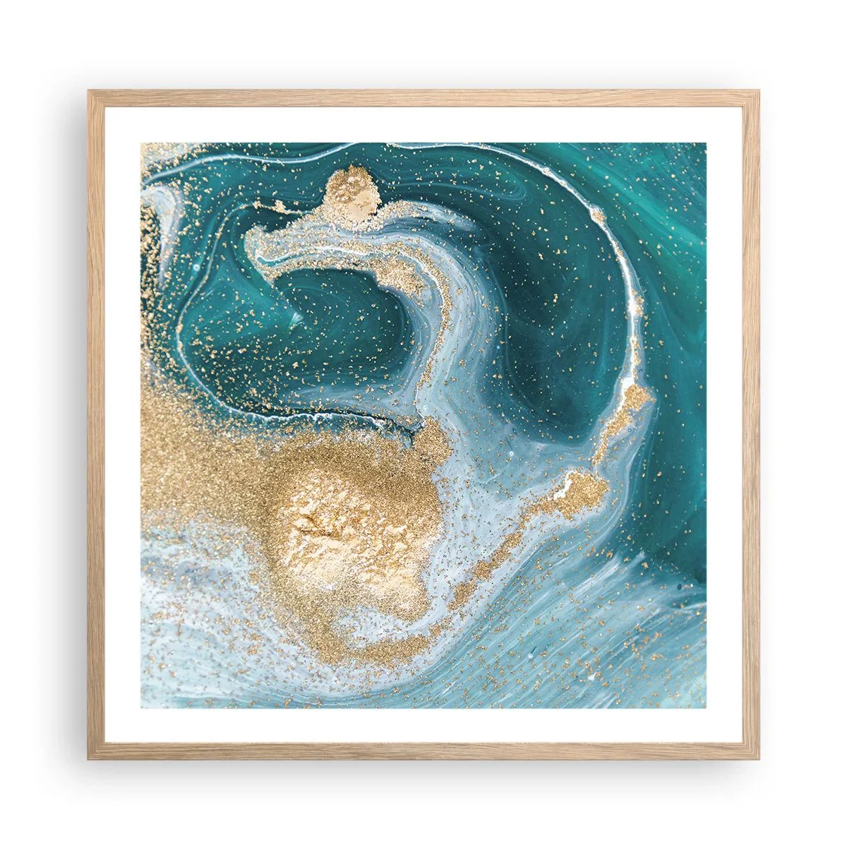 Affiche dans un chêne clair - Poster - Tourbillon d'or et de turquoise - 60x60 cm