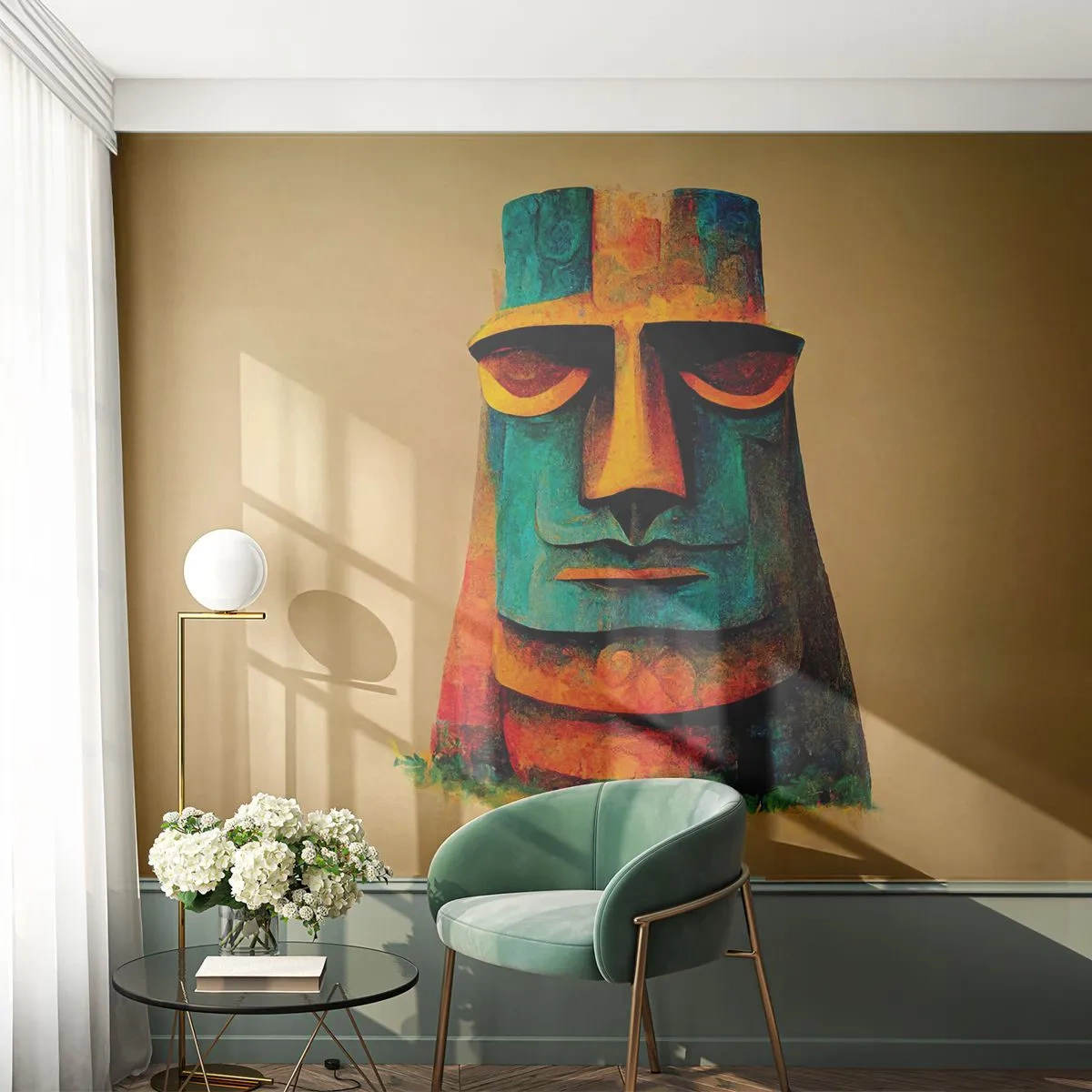Papier Peint Photo Premium Sand - Une statue colorée de style Moai sur fond beige - 100x70cm - Statuesque et sympathique - Décoration murale moderne pour le salon et la chambre ARTTOR