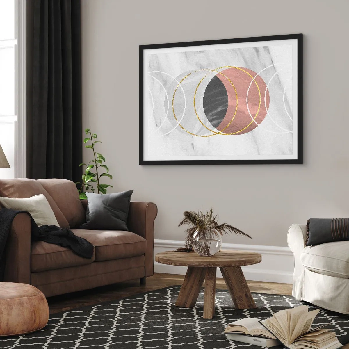 Affiche dans un cadre noir - Poster - Composition géométrique abstraite avec des cercles et des détails métalliques - 70x50cm - Musique des sphères - Décoration murale moderne pour le salon et la chambre ARTTOR