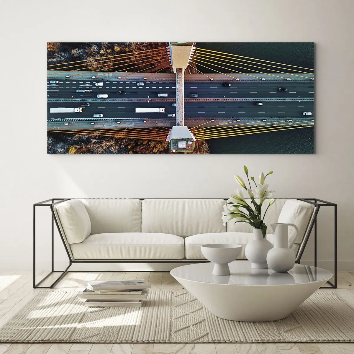 Impression sur verre - Image sur verre - Vue aérienne du pont sur la rivière et du paysage d'automne - 140x50cm - Au dessus de l'eau et de la forêt - Décoration murale moderne pour le salon et la chambre ARTTOR