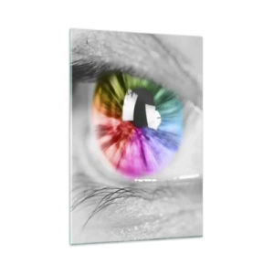Impression sur verre - Image sur verre - Prise de vue artistique d'un œil avec un iris arc-en-ciel sur fond gris - 80x120cm - Regarde le monde en couleur - Décoration murale moderne pour le salon et la chambre ARTTOR