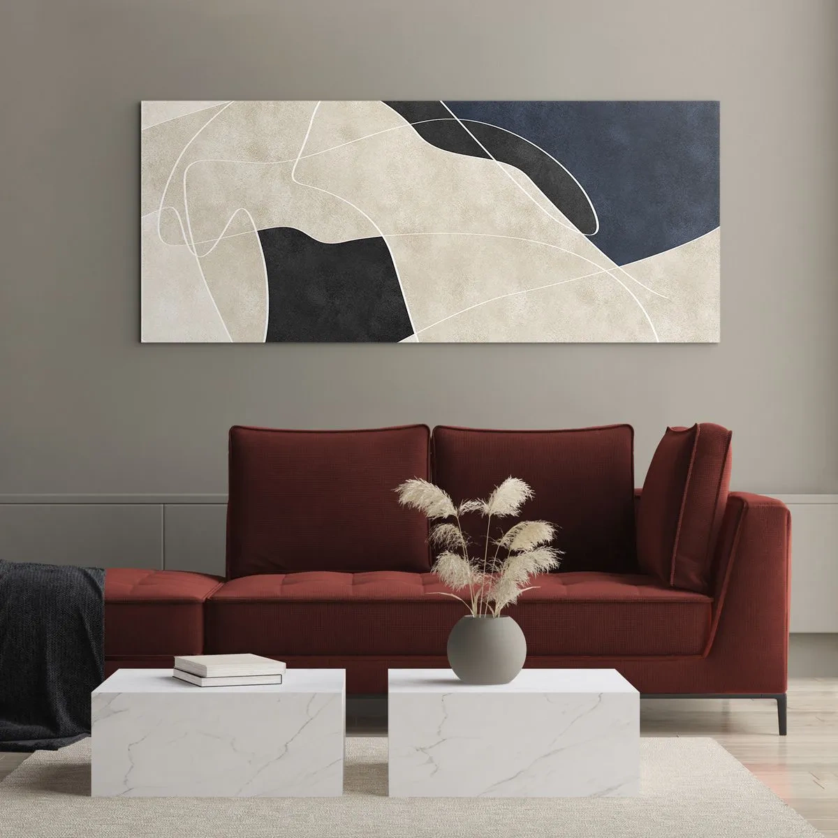 Impression sur verre - Image sur verre - Abstraction géométrique dans les tons beige et bleu marine - 140x50cm - Composition abstraite - contraste de couleurs - Décoration murale moderne pour le salon et la chambre ARTTOR