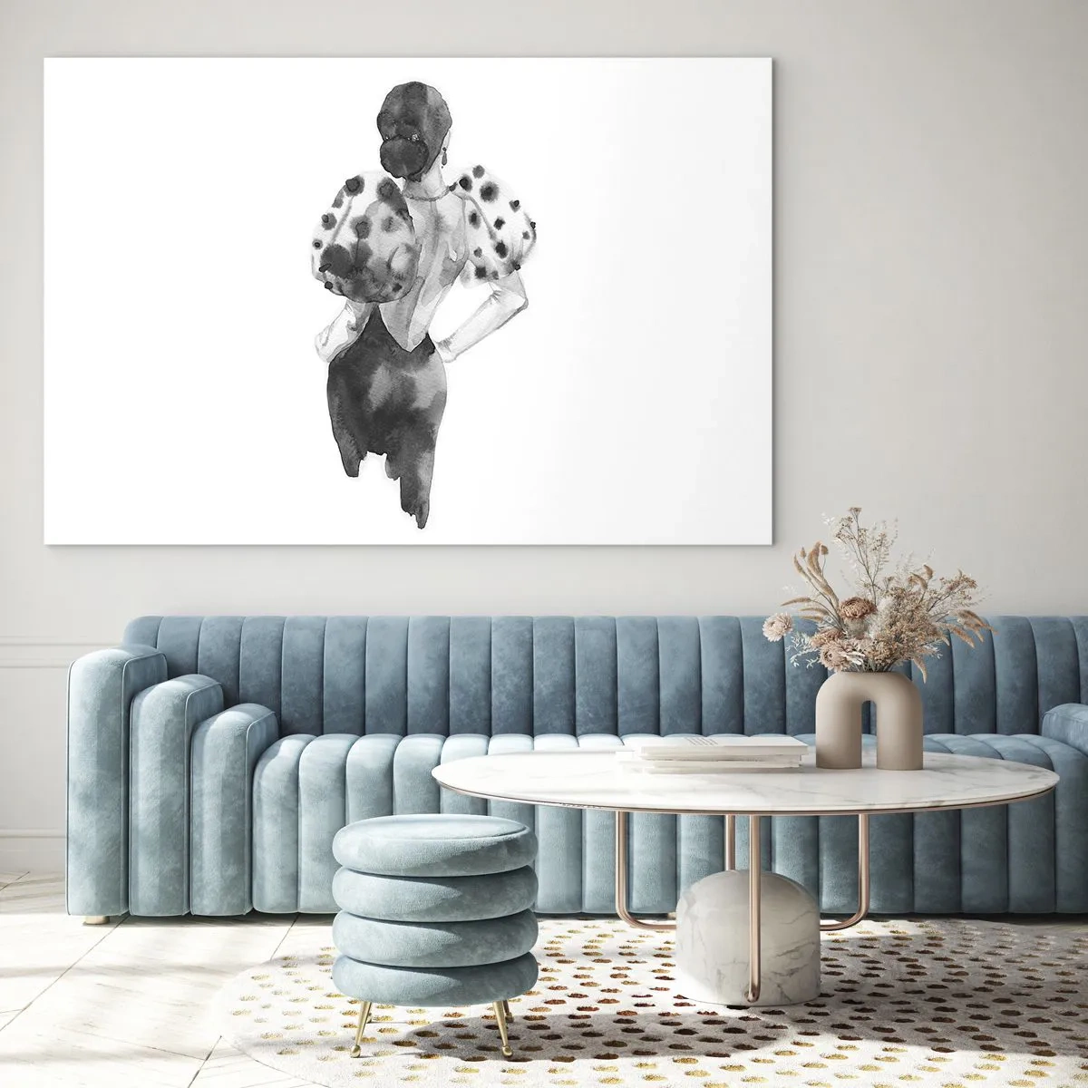 Impression sur verre - Image sur verre - Silhouette noire et blanche d'une femme dans une tenue élégante - 100x70cm - Elle est passée juste à côté - Décoration murale moderne pour le salon et la chambre ARTTOR