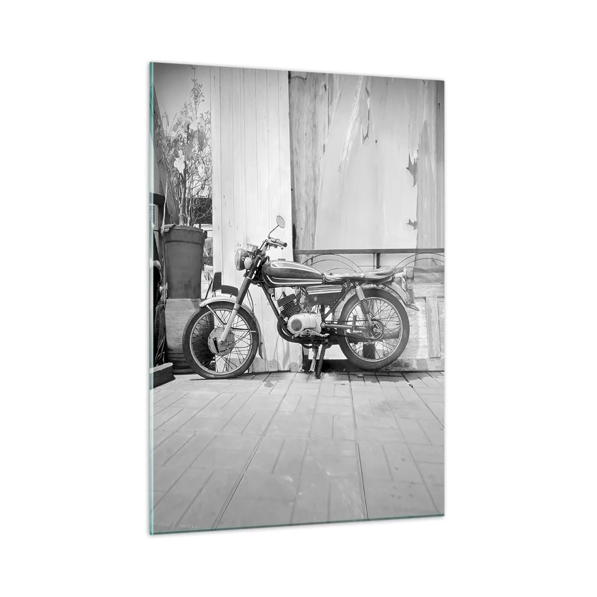 Impression sur verre - Image sur verre - Une moto de style rétro debout contre un mur en bois - 50x70cm - Classique au dessus de tout - Décoration murale moderne pour le salon et la chambre ARTTOR