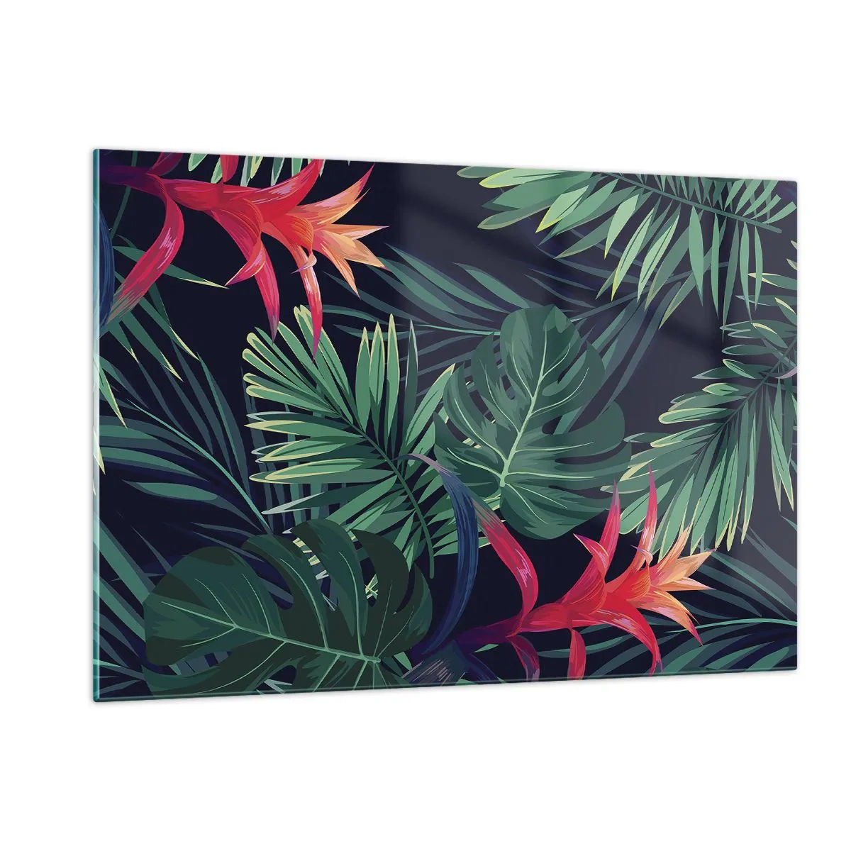 Impression sur verre - Image sur verre - Feuilles et fleurs exotiques sur fond sombre - 120x80cm - immergé dans la nature - Décoration murale moderne pour le salon et la chambre ARTTOR