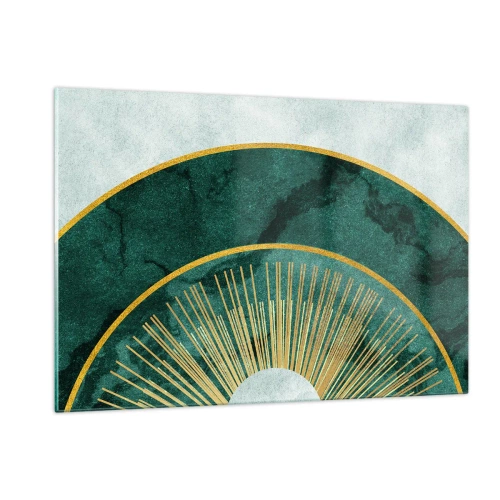 Impression sur verre - Image sur verre - Rayons dorés sur fond de demi-cercles verts avec une structure en marbre - 120x80cm - Un autre système solaire - Décoration murale moderne pour le salon et la chambre ARTTOR