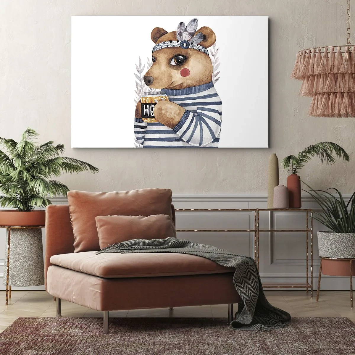 Impression sur toile - Image sur toile - Un ours en peluche dans un pull rayé avec une tasse de miel - 120x80cm - Un nounours trop mignon - Décoration murale moderne pour le salon et la chambre ARTTOR
