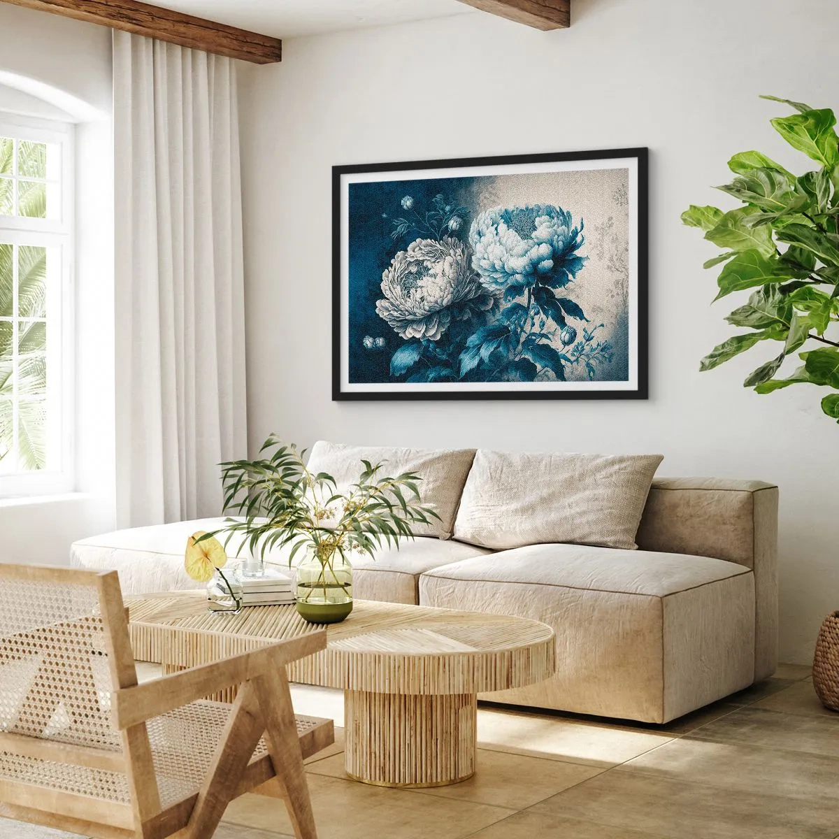 Affiche dans un cadre noir - Poster - Pivoines bleues sur un fond subtil avec un motif délicat - 100x70cm - Paire assortie - Décoration murale moderne pour le salon et la chambre ARTTOR