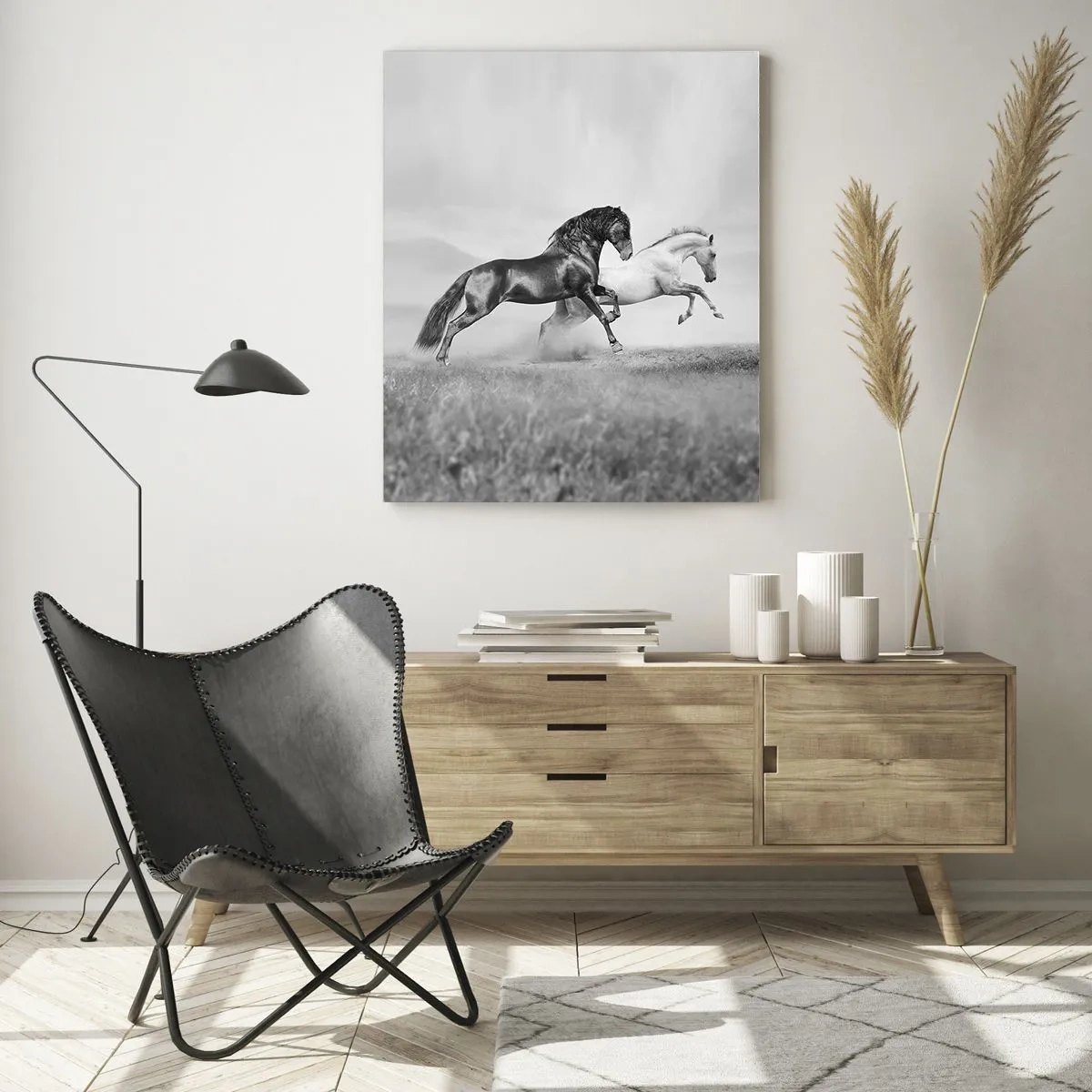 Impression sur verre - Image sur verre - Deux chevaux au galop dans une composition dynamique en noir et blanc - 80x120cm - Anges et démons - Décoration murale moderne pour le salon et la chambre ARTTOR