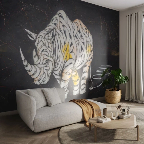 Papier Peint Photo Standard Eco - Rhinocéros abstrait sur fond noir - 100x70cm - La peau épaisse est un mythe - Décoration murale moderne pour le salon et la chambre ARTTOR