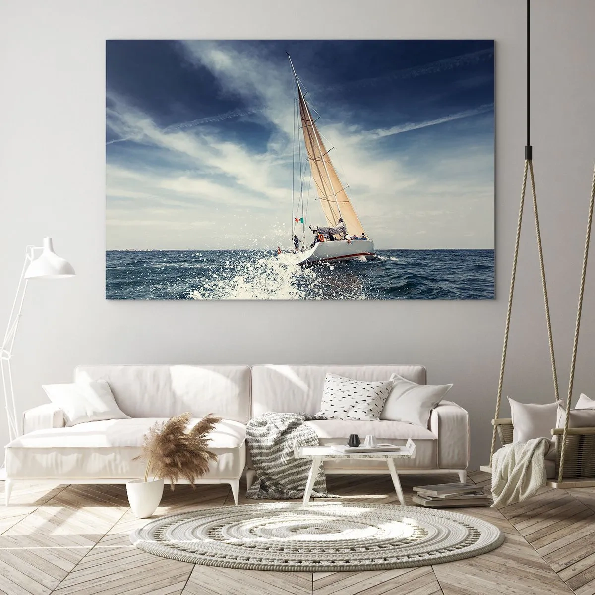 Impression sur verre - Image sur verre - Un yacht naviguant sur une mer agitée sous un ciel bleu - 100x70cm - Ils ne nous rattraperont pas ! - Décoration murale moderne pour le salon et la chambre ARTTOR