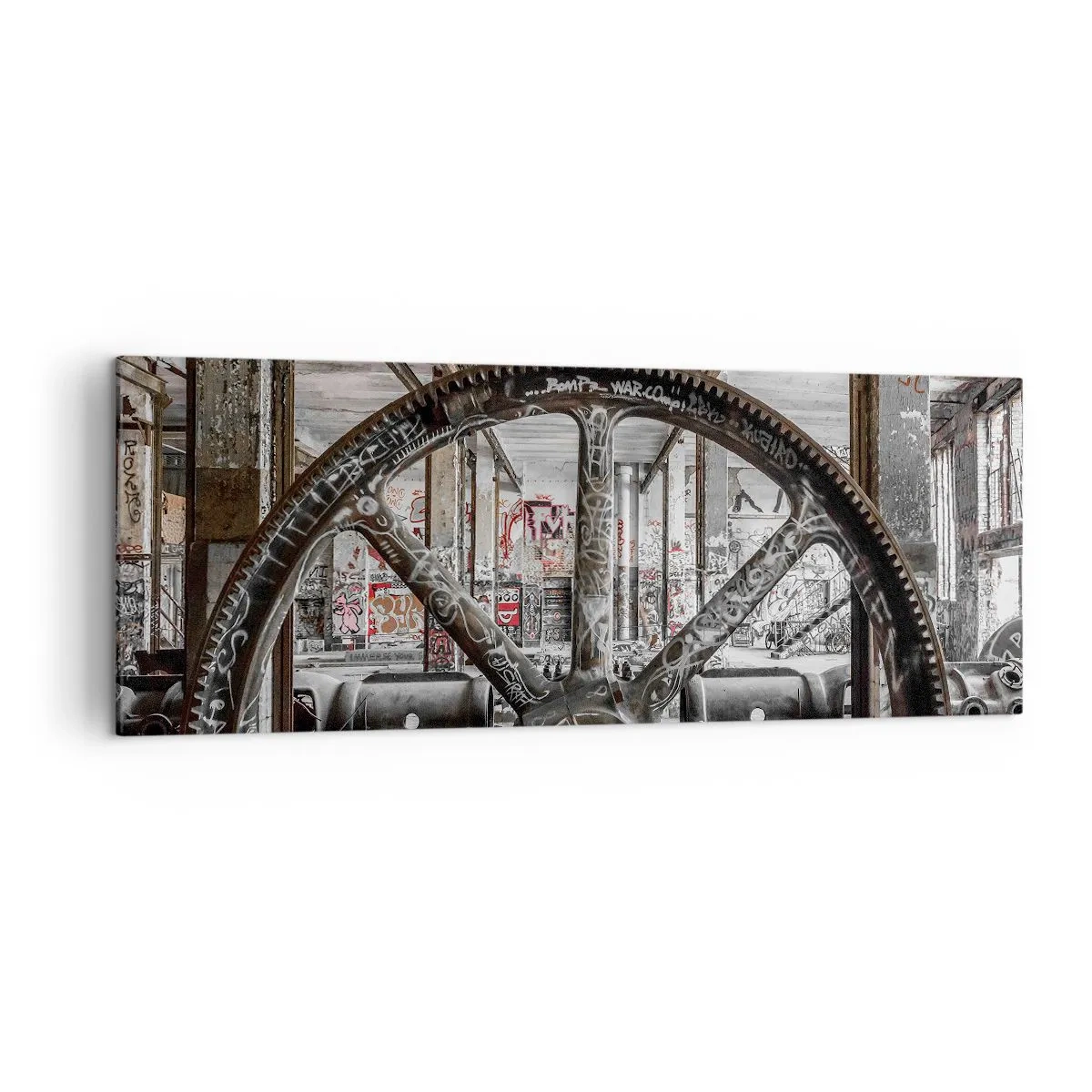 Impression sur toile - Image sur toile - Un vieux mécanisme dans un intérieur industriel abandonné - 140x50cm - Vie secrète d'une usine - Décoration murale moderne pour le salon et la chambre ARTTOR