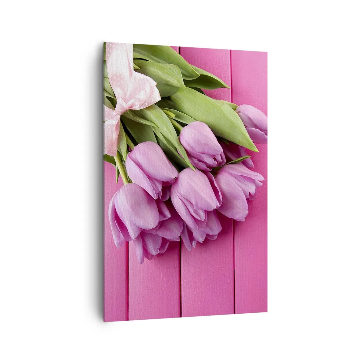 Impression sur toile - Image sur toile - Un bouquet de tulipes roses avec un nœud sur un fond rose - 80x120cm - Juste pour toi - Décoration murale moderne pour le salon et la chambre ARTTOR