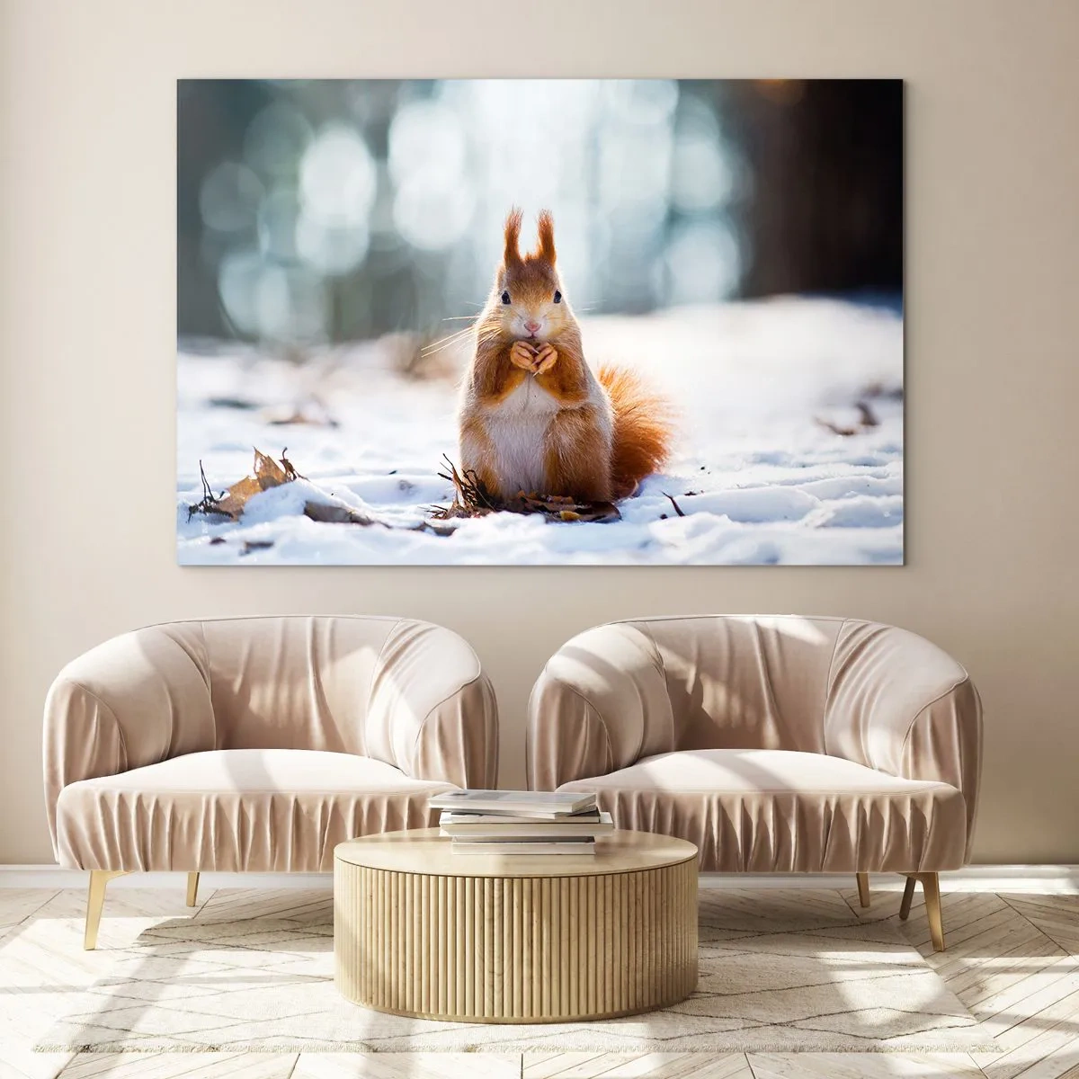 Impression sur verre - Image sur verre - Écureuil dans la neige avec une noix dans la forêt d'hiver - 100x70cm - Qu'est ce que tu regardes comme ça? - Décoration murale moderne pour le salon et la chambre ARTTOR