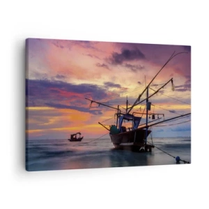Impression sur toile - Image sur toile - Un bateau de pêche sur fond de coucher de soleil coloré - 70x50cm - Soirée exotique - Décoration murale moderne pour le salon et la chambre ARTTOR
