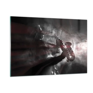 Impression sur verre - Image sur verre - Saxophoniste dans un nuage de fumée en noir et blanc - 120x80cm - Dans les brumes du jazz - Décoration murale moderne pour le salon et la chambre ARTTOR