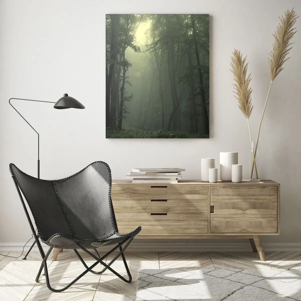 Impression sur verre - Image sur verre - Une forêt verte le matin enveloppée d'un brouillard délicat - 70x100cm - Avant qu'il ne se réveille - Décoration murale moderne pour le salon et la chambre ARTTOR