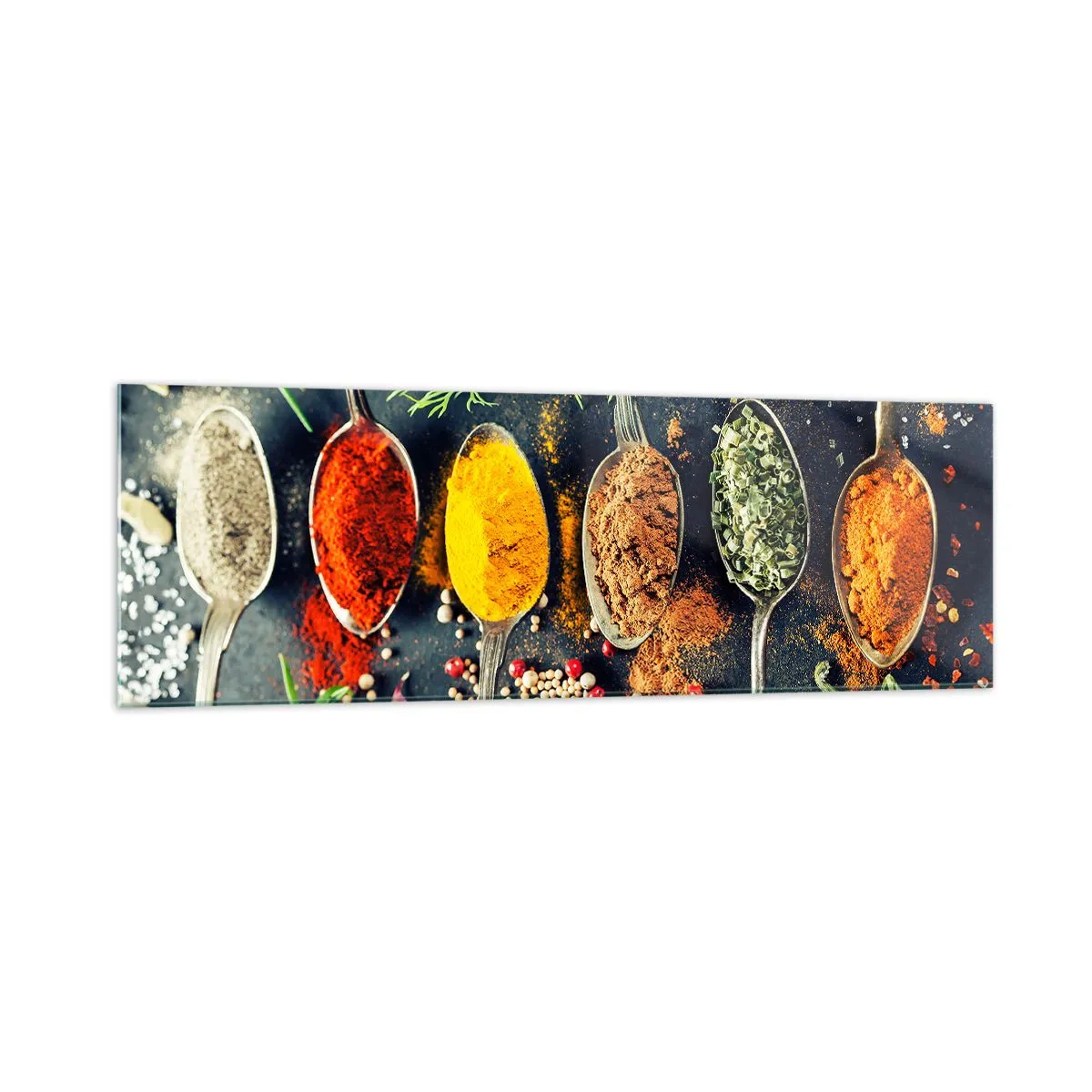 Impression sur verre - Image sur verre - Épices colorées sur des cuillères avec des herbes en arrière-plan - 160x50cm - Magie culinaire - Décoration murale moderne pour le salon et la chambre ARTTOR