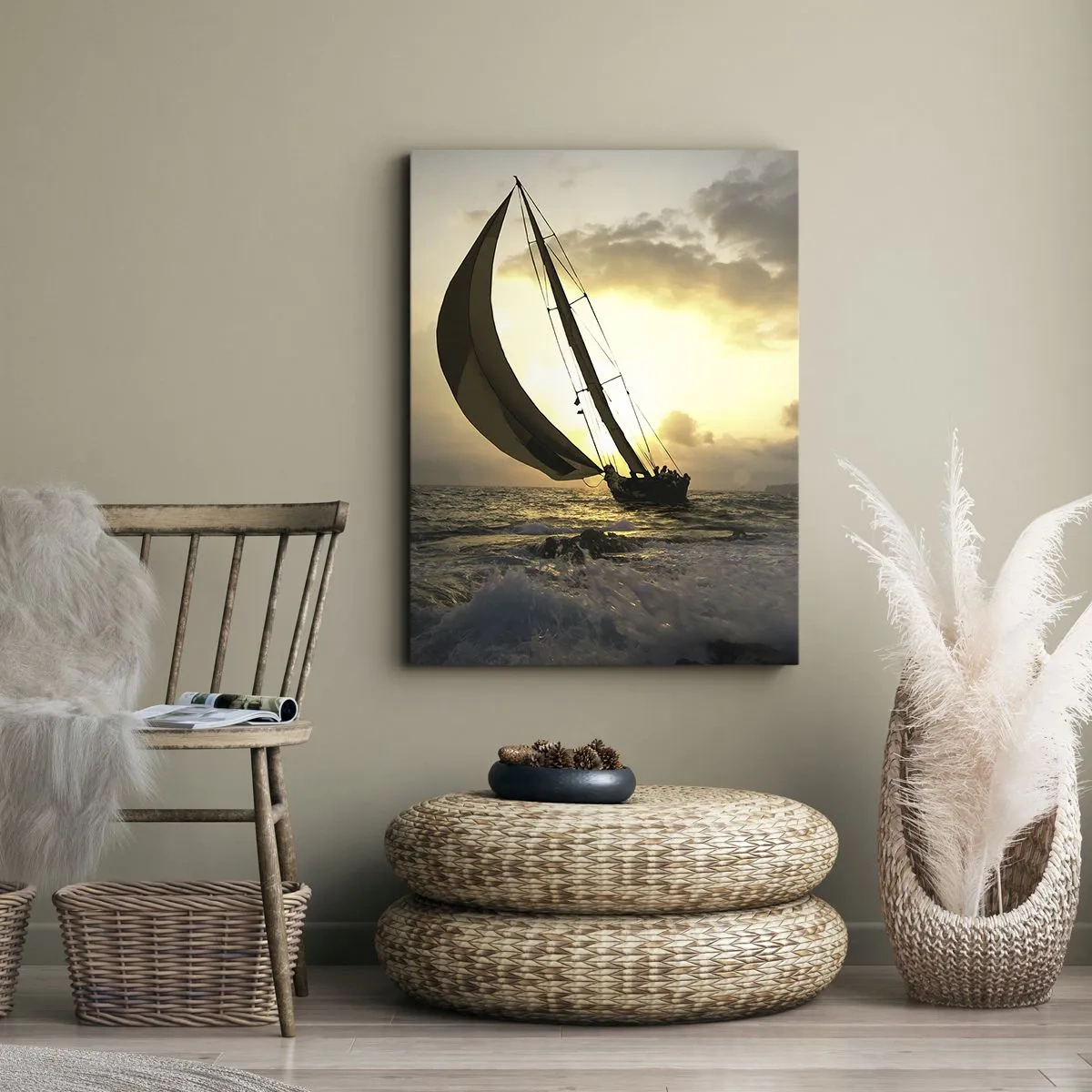 Impression sur toile - Image sur toile - Voiliers en mer au coucher du soleil - 50x70cm - Avec le vent et contre le vent - Décoration murale moderne pour le salon et la chambre ARTTOR