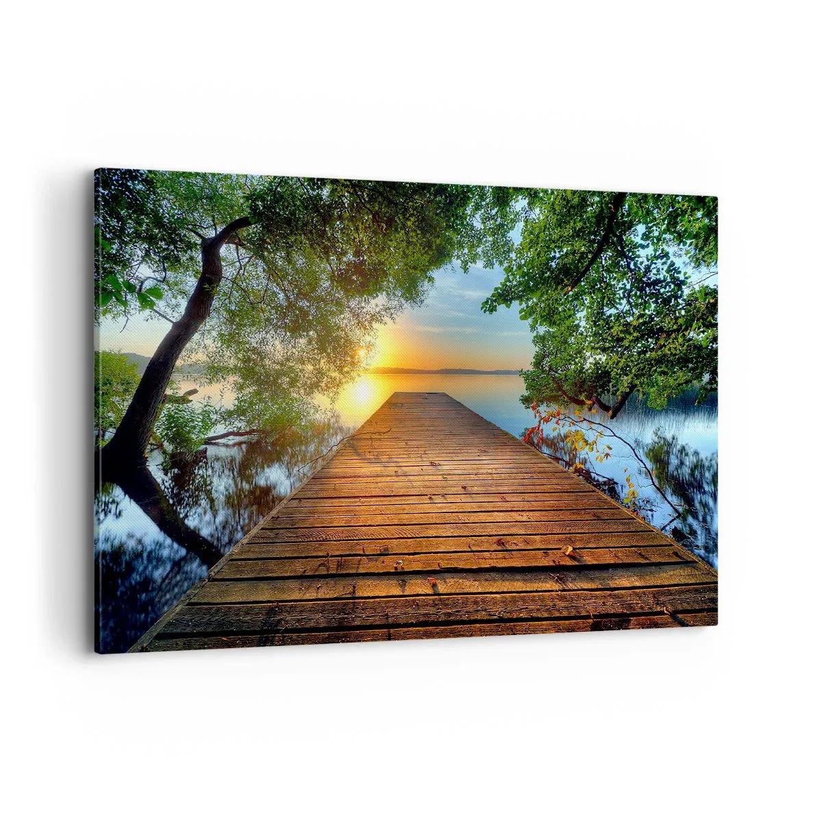 Impression sur toile - Image sur toile - Une jetée en bois entourée de verdure au coucher du soleil - 100x70cm - Prenez votre temps, asseyez-vous - Décoration murale moderne pour le salon et la chambre ARTTOR