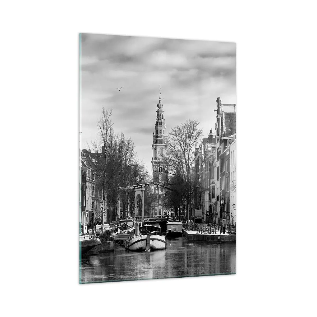 Impression sur verre - Image sur verre - Vue en noir et blanc d'un canal à Amsterdam - 50x70cm - Climat d'Amsterdam - Décoration murale moderne pour le salon et la chambre ARTTOR