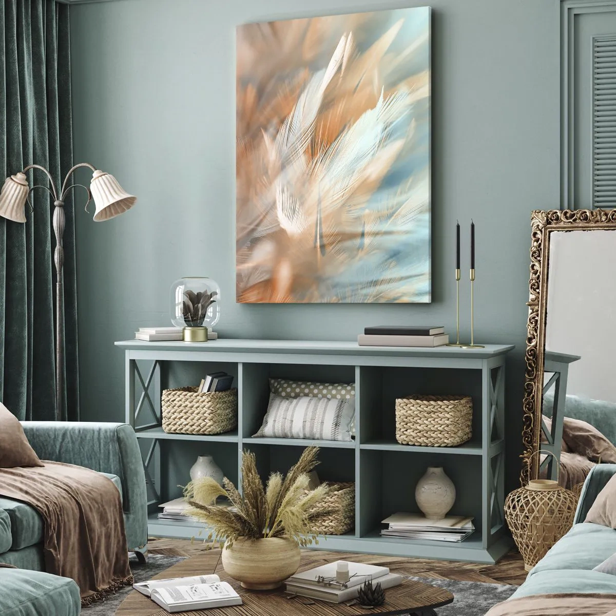 Impression sur toile - Image sur toile - Plumes délicates dans des tons pastel de bleu et d'orange - 70x100cm - Au pays de la douceur - Décoration murale moderne pour le salon et la chambre ARTTOR