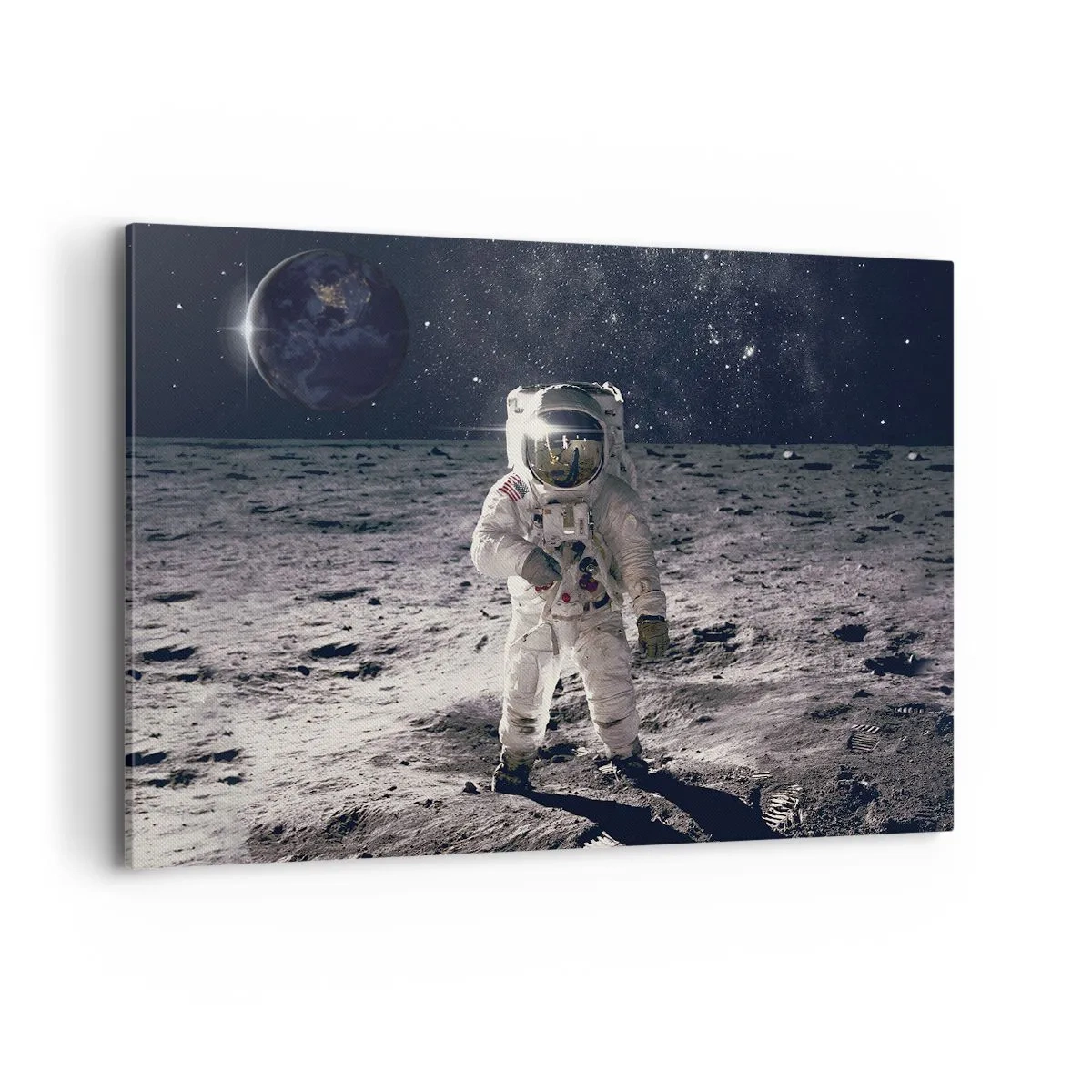 Impression sur toile - Image sur toile - Astronaute à la surface de la Lune avec la Terre en arrière-plan - 100x70cm - Salutations de la lune - Décoration murale moderne pour le salon et la chambre ARTTOR