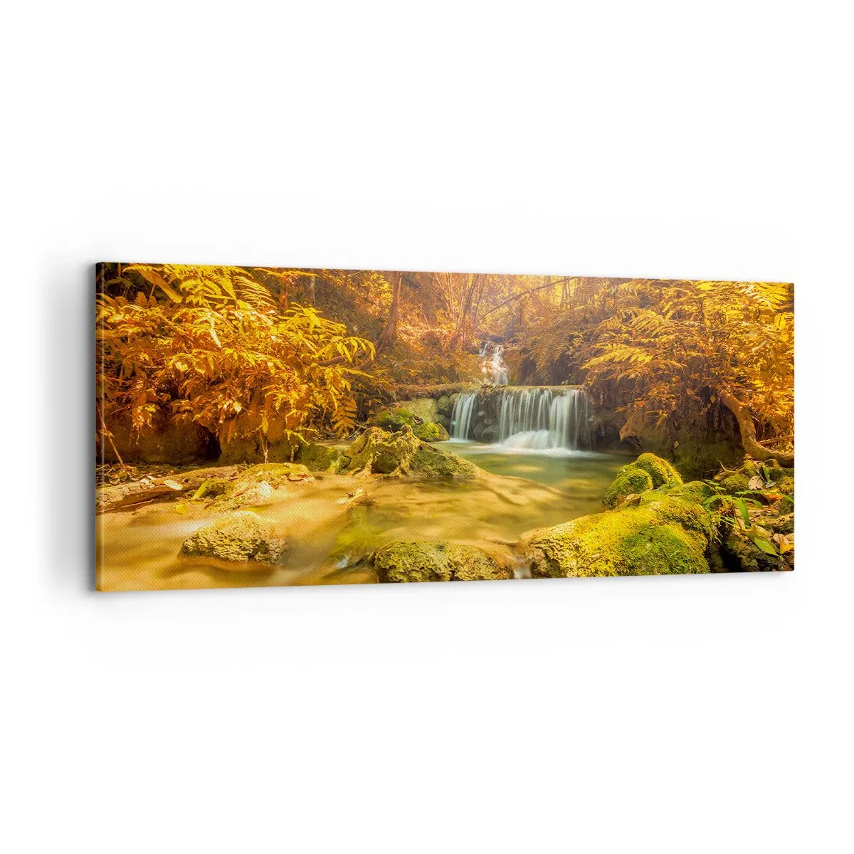 Impression sur toile - Image sur toile - Cascade de forêt en or - 100x40 cm