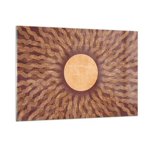 Impression sur verre - Image sur verre - Un soleil stylisé avec des rayons en forme de lignes ondulées sur un fond marron. - 120x80cm - Icône du soleil - Décoration murale moderne pour le salon et la chambre ARTTOR