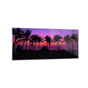 Impression sur verre - Image sur verre - Silhouettes de palmiers sur un ciel de coucher de soleil rose-violet - 120x50cm - Soirée sous les palmiers - Décoration murale moderne pour le salon et la chambre ARTTOR