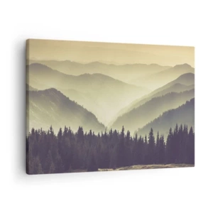 Impression sur toile - Image sur toile - Des chaînes de montagnes pittoresques enveloppées de brume dans une lumière chaude - 70x50cm - Derrière les sept montagnes… - Décoration murale moderne pour le salon et la chambre ARTTOR
