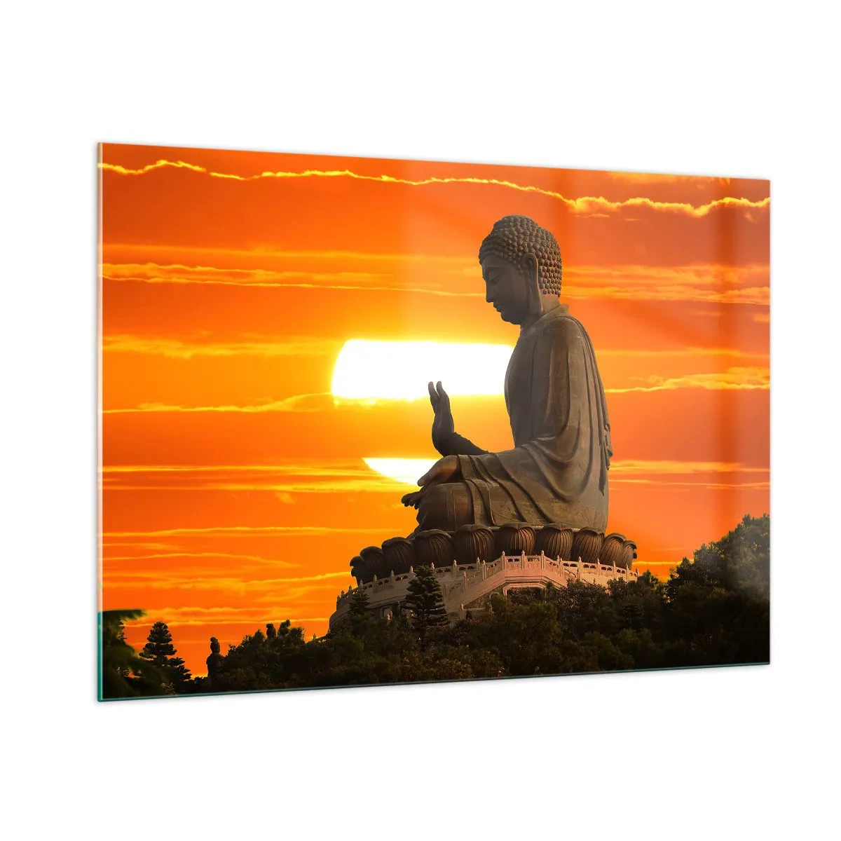 Impression sur verre - Image sur verre - Statue de Bouddha sur fond de soleil couchant - 100x70cm - Aucune peur du monde - Décoration murale moderne pour le salon et la chambre ARTTOR