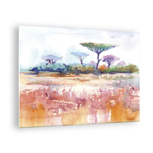 Impression sur verre - Image sur verre - Paysage de savane à l'aquarelle avec arbres et végétation - 70x50cm - Couleurs de savane - Décoration murale moderne pour le salon et la chambre ARTTOR