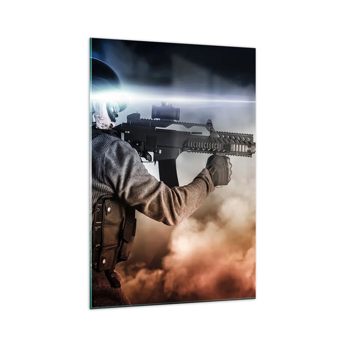 Impression sur verre - Image sur verre - Un soldat en action avec un fusil sur fond de nuages et de lumière. - 70x100cm - Tout simplement un héros - Décoration murale moderne pour le salon et la chambre ARTTOR