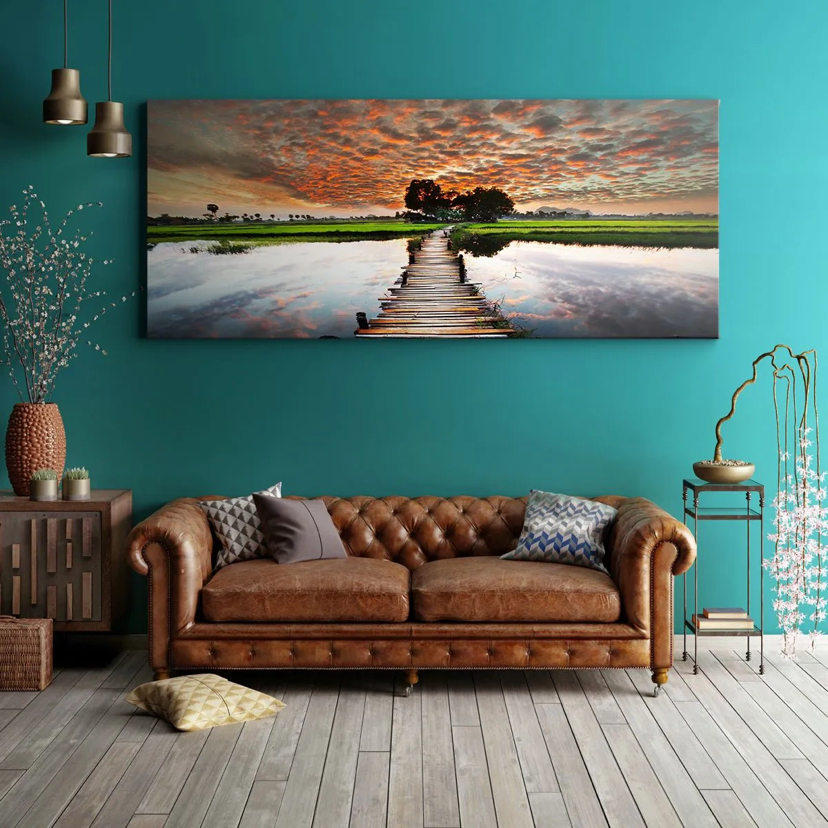Impression sur toile - Image sur toile - Pont en bois sur l'eau au coucher du soleil - 120x50cm - Étendez vos bras - respirez - Décoration murale moderne pour le salon et la chambre ARTTOR