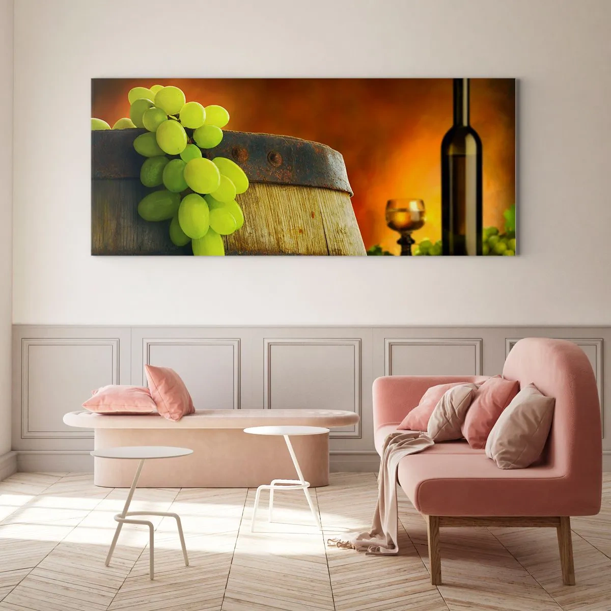 Impression sur verre - Image sur verre - Nature morte avec une bouteille de vin et une grappe de raisin - 90x30 cm