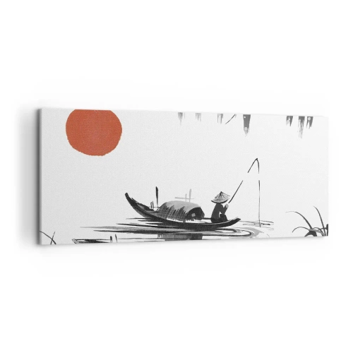Impression sur toile - Image sur toile - Paysage oriental avec un pêcheur sur un bateau et un soleil rouge - 120x50cm - Après-midi asiatique - Décoration murale moderne pour le salon et la chambre ARTTOR