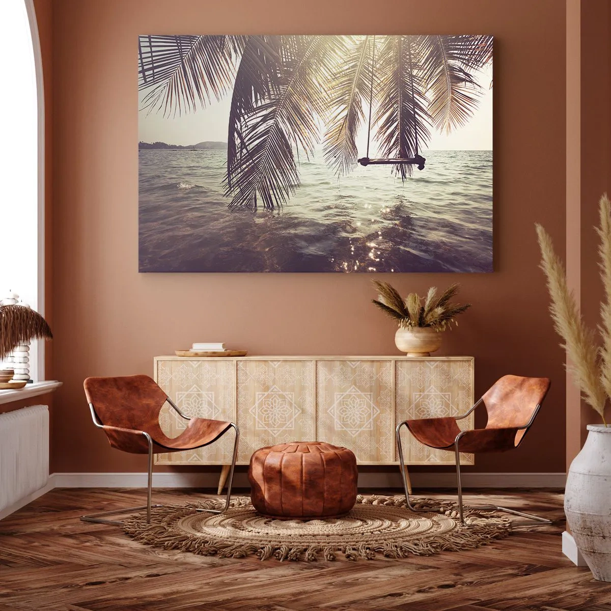 Impression sur toile - Image sur toile - Palmier avec une balançoire au-dessus de l'eau au soleil - 70x50cm - Vous pouvez vous balancer dans les nuages