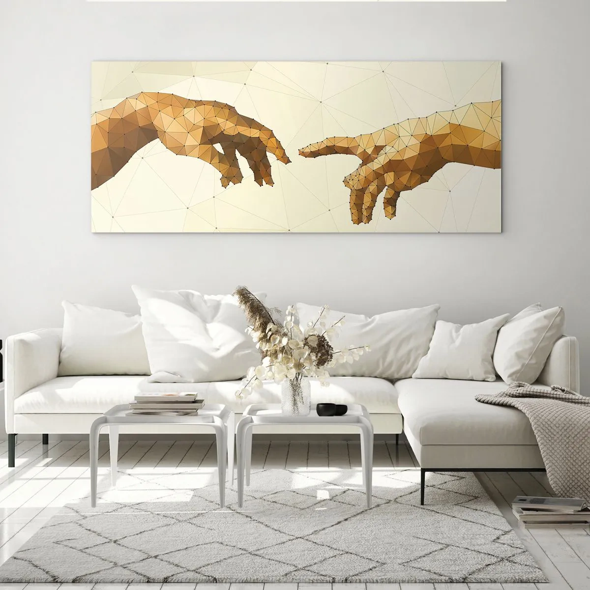 Impression sur verre - Image sur verre - Mains géométriques tendues l'une vers l'autre sur un fond clair - 120x50cm - Géométrie divine - Décoration murale moderne pour le salon et la chambre ARTTOR