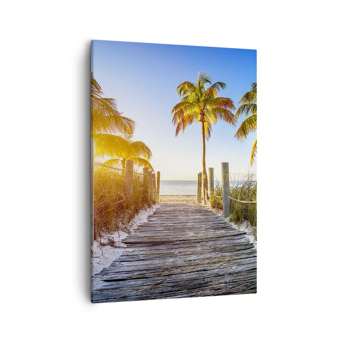 Impression sur toile - Image sur toile - Chemin en bois sur la plage avec des palmiers en arrière-plan - 50x70cm - Directement au paradis - Décoration murale moderne pour le salon et la chambre ARTTOR
