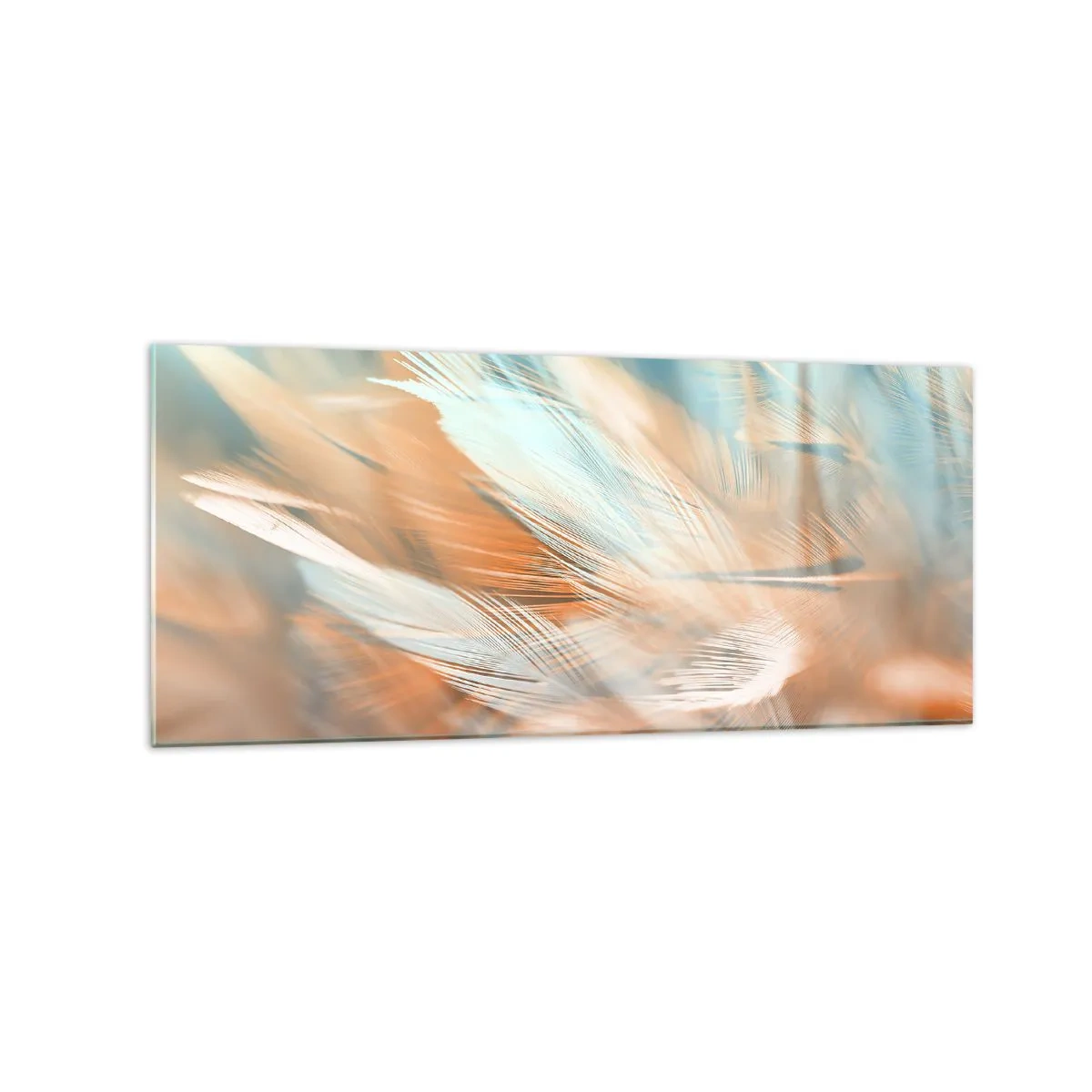 Impression sur verre - Image sur verre - Plumes délicates dans des tons pastel de bleu et d'orange - 120x50cm - Au pays de la douceur - Décoration murale moderne pour le salon et la chambre ARTTOR