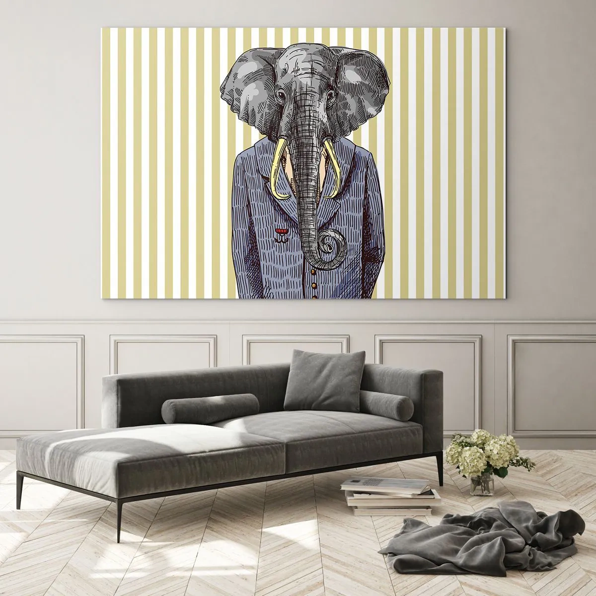Impression sur verre - Image sur verre - Un éléphant en costume sur fond de rayures jaunes - 70x50cm - Élégant par nature - Décoration murale moderne pour le salon et la chambre ARTTOR