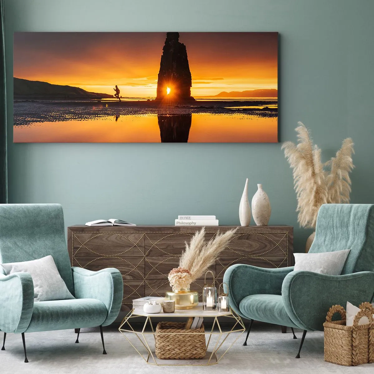Impression sur toile - Image sur toile - Personne courant sur la plage au coucher du soleil avec formation rocheuse - 160x50cm - Juste vous et la nature - Décoration murale moderne pour le salon et la chambre ARTTOR