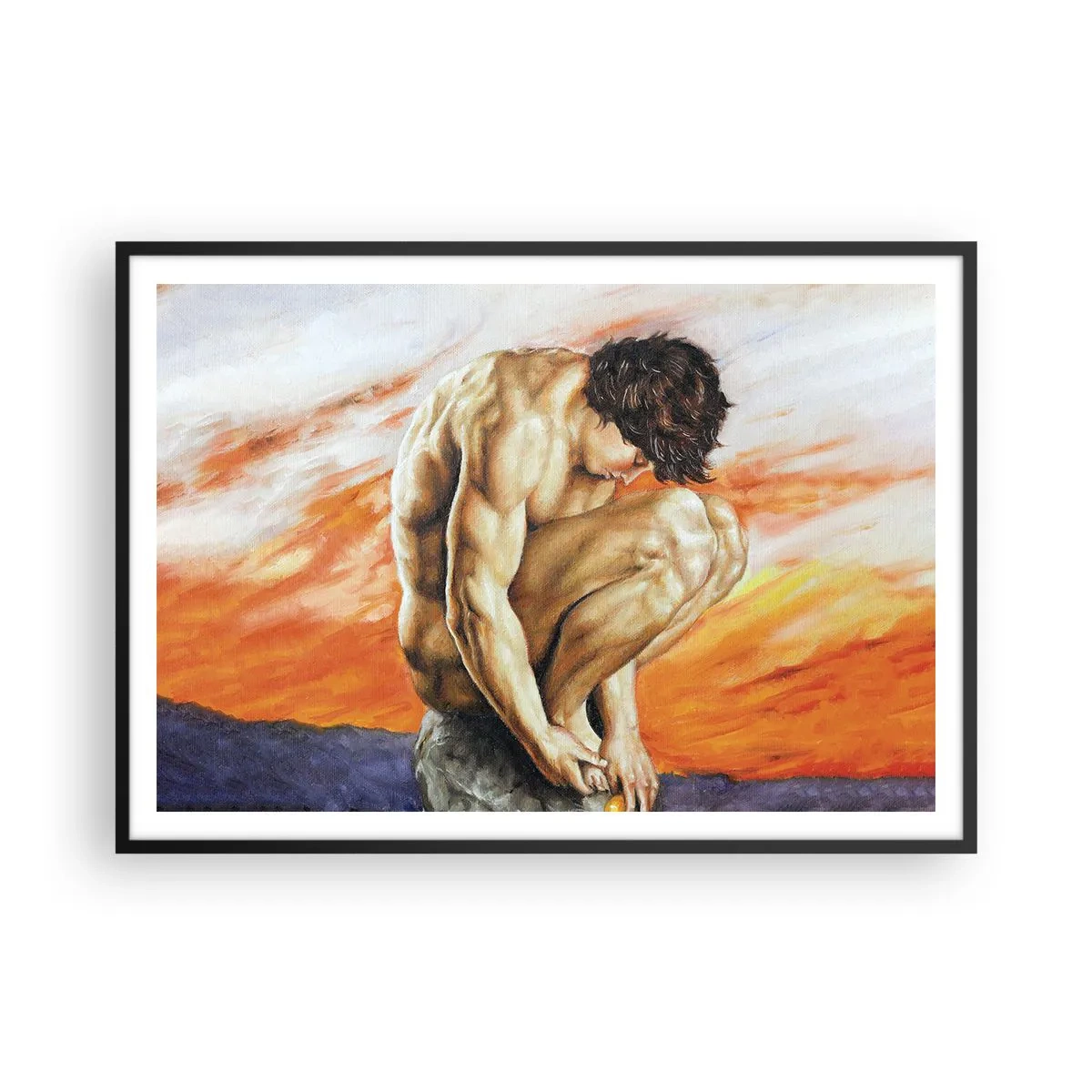 Affiche dans un cadre noir - Poster - Un homme perdu dans ses pensées sur fond de coucher de soleil - 100x70cm - Plongé dans ses pensées - Décoration murale moderne pour le salon et la chambre ARTTOR