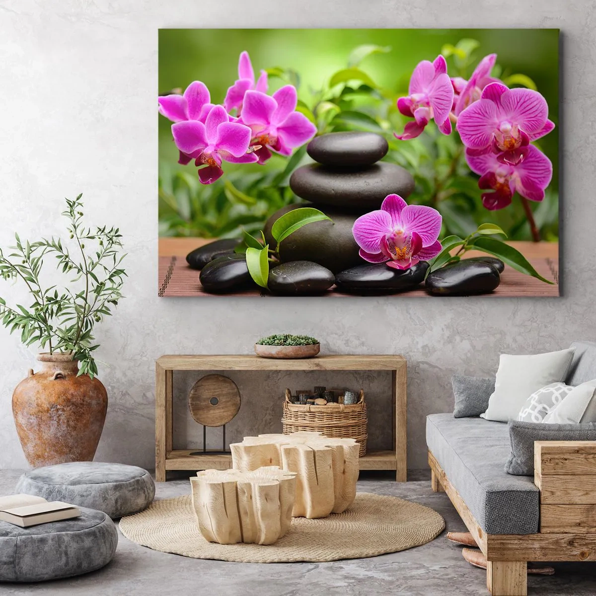Impression sur toile - Image sur toile - Orchidées roses avec des pierres sur fond vert - 70x50cm - Pyramide de la Paix - Décoration murale moderne pour le salon et la chambre ARTTOR