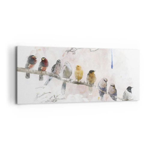Impression sur toile - Image sur toile - Oiseaux colorés sur une branche dans un style aquarelle - 120x50cm - Rencontre ailée - Décoration murale moderne pour le salon et la chambre ARTTOR