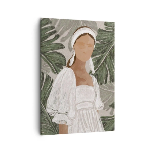 Impression sur toile - Image sur toile - Portrait d'une femme en robe blanche sur fond de feuilles de monstera - 50x70cm - Portrait exotique - Décoration murale moderne pour le salon et la chambre ARTTOR